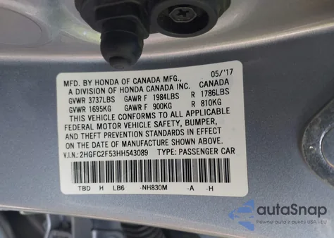 2017 Honda Civic Lx from USA, damaged, VIN 2HGFC2F53HH543089